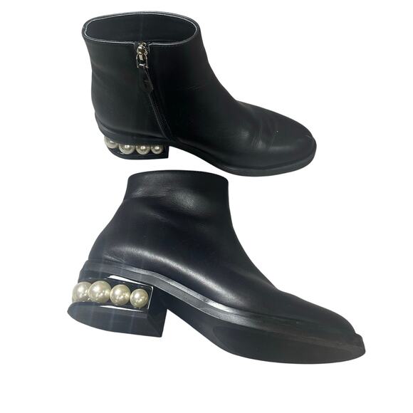 Black Leather Pearl Ankle Booties - Picture 1 of 6